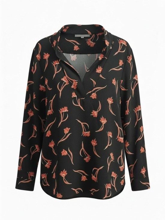 Chaus Tops - Chaus Floral V-Neck Roll Tab Sleeve Blouse in Black with Red Floral Print Size L